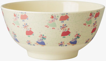 Bild av melaminskål med vintertema och färgglatt mönster
