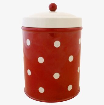 Bild av röd plåtburk med vita prickar och vit knopp