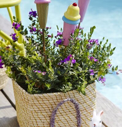 Foto av färgglada trädgårdsdekorationer i sommarträdgård