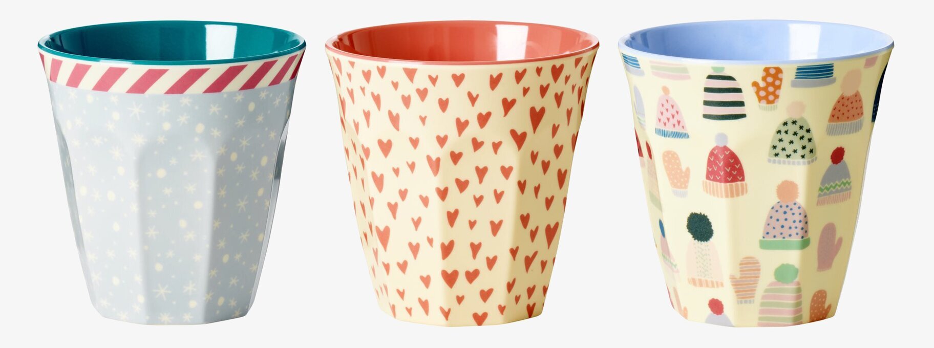 Mugg X-Mas Hjärtan från Rice - tre färgglada julmuggar