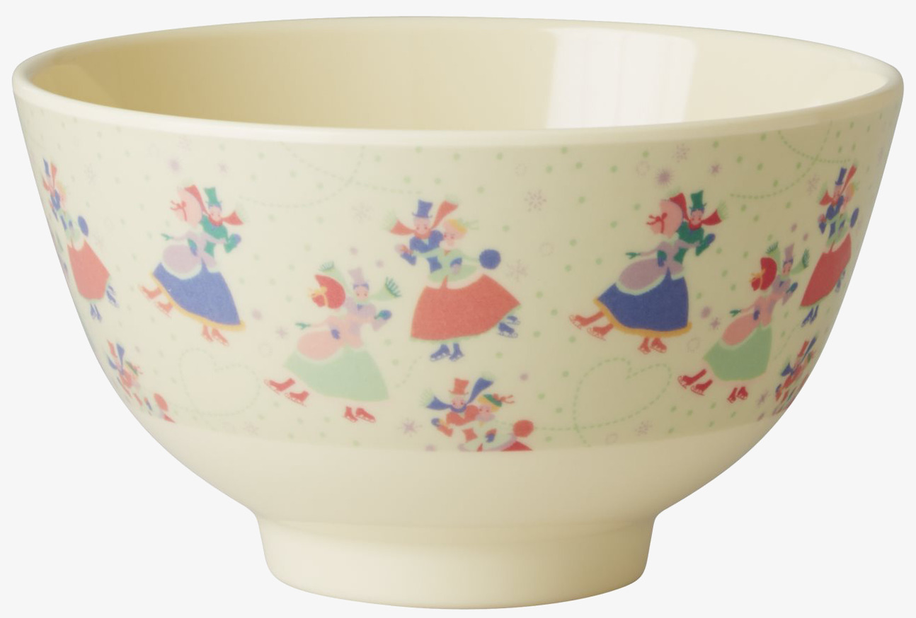 Bild av liten skål med julmotiv och glada figurer