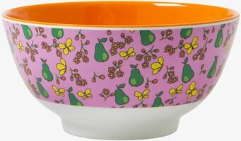 Foto av färgglad skål med päronmönster och fjärilar
