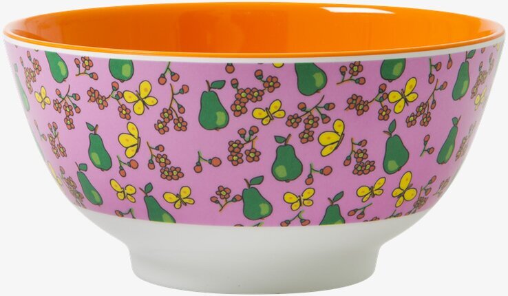 Foto av färgglad skål med päronmönster och fjärilar
