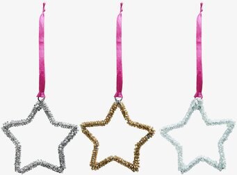 Bild av tre stjärnformade juldekorationer i pärlor