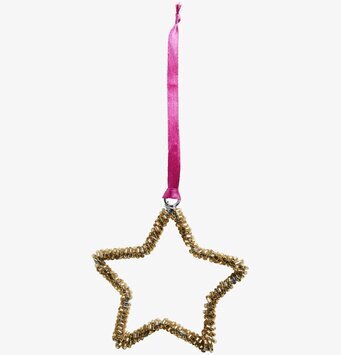 Bild på gyllene julstjärna med rosa band och pärlor