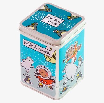 Bild på turkos plåtburk med lekfullt arktiskt motiv