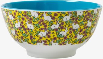 Bild på färgglad melaminskål med kaninmotiv och blommor
