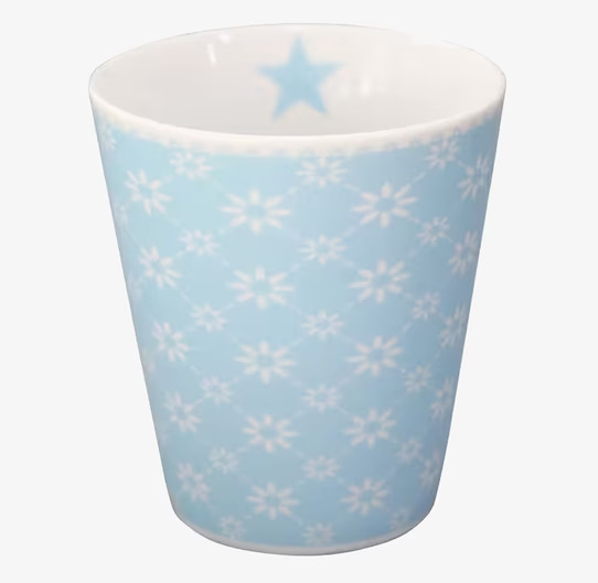 Bild av mugg med babyblått blommönster och stjärna