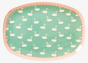 Bild av tallrik med svanmönster och mintgrön bakgrund