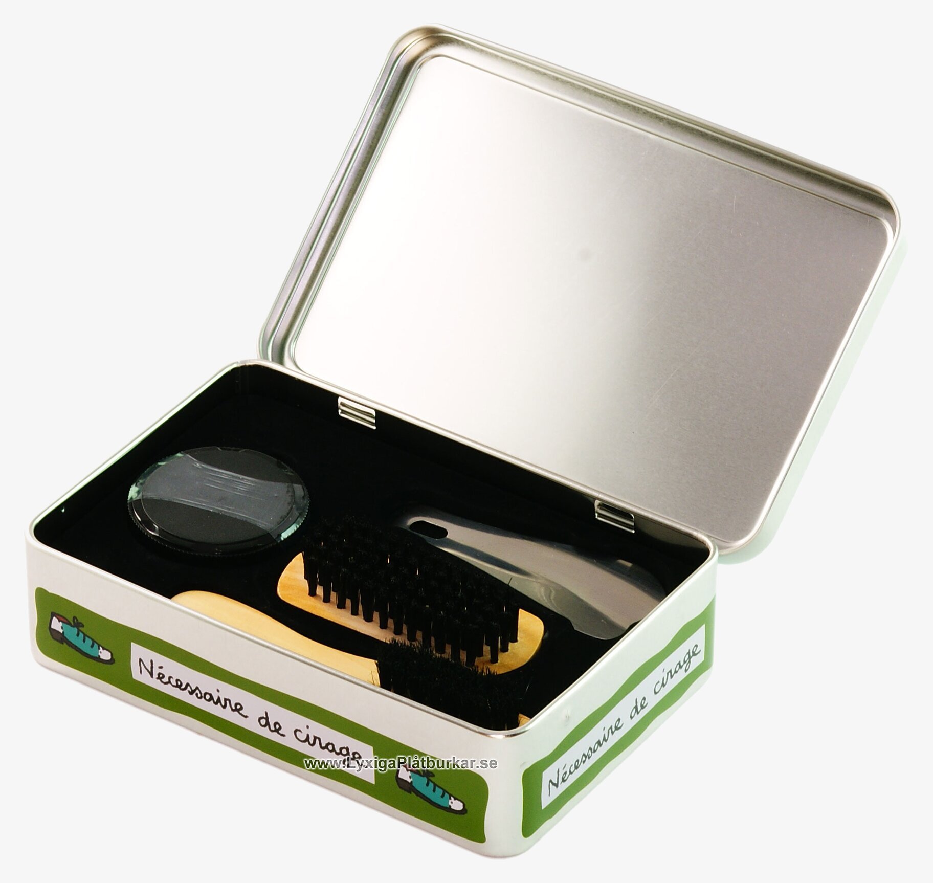 Bild av stilren plåtburk för skovård med praktiska redskap