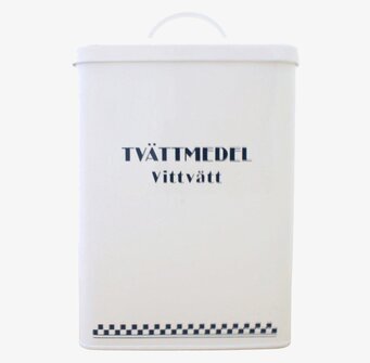 Bild av stilren plåtburk för tvättmedel i vittvätt