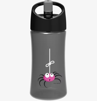 Bild av stilren grå vattenflaska med rosa spindel