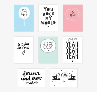 Bild av posters med kärleksfulla och inspirerande motiv