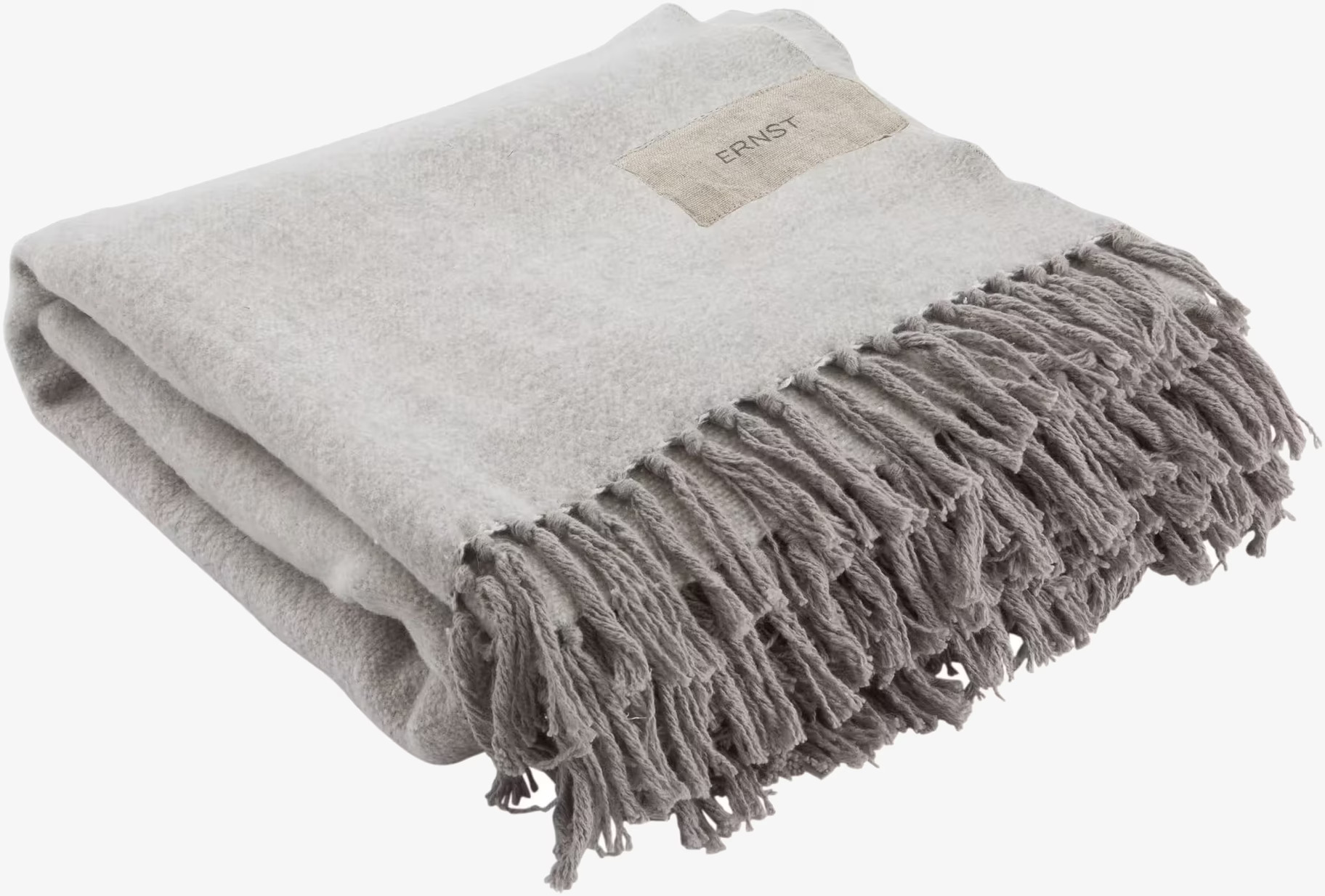 Pläd Bomull Ljusgrå från Ernst med fransar och tygpatch