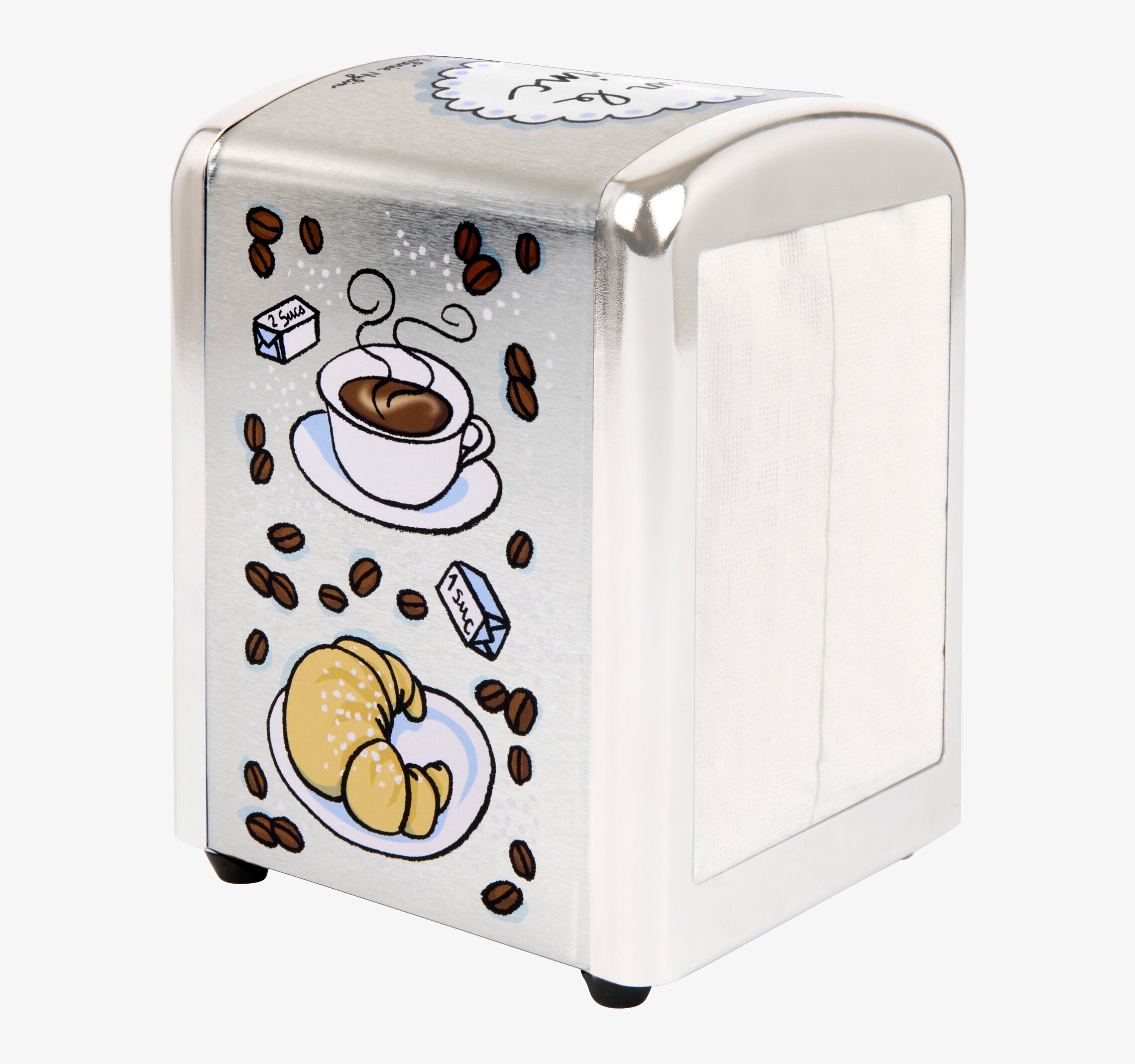 Bild av ett zinkservettställ med cafétema och charm