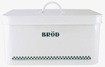 Foto av vit plåtburk för brödförvaring i retrodesign