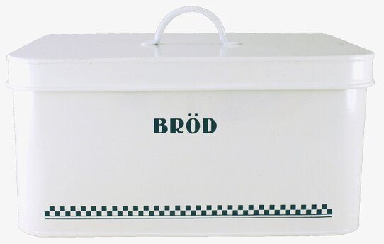 Foto av vit plåtburk för brödförvaring i retrodesign