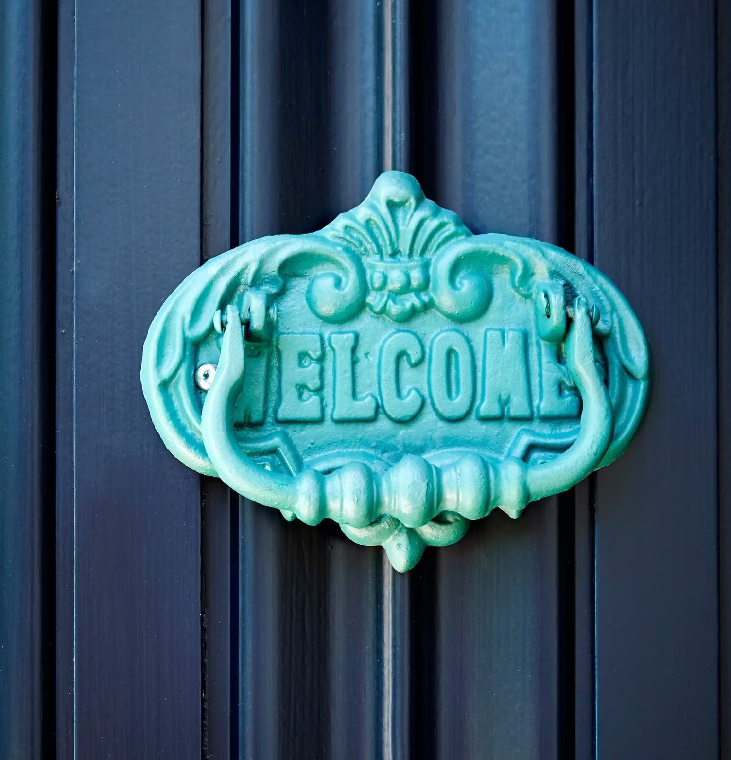 Dörrknackare Grön/Blå från Rice på en mörkt målad dörr