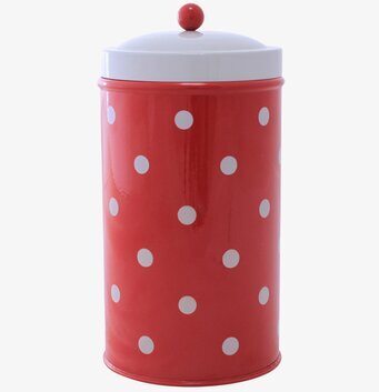 Bild av rödvit prickig plåtburk för förvaring hemma