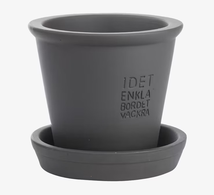 Kruka Inkl Fat Grå Ø25 från Ernst med präglad text och fat