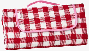 Foto av rutig piknickfilt med bärrem och kantning