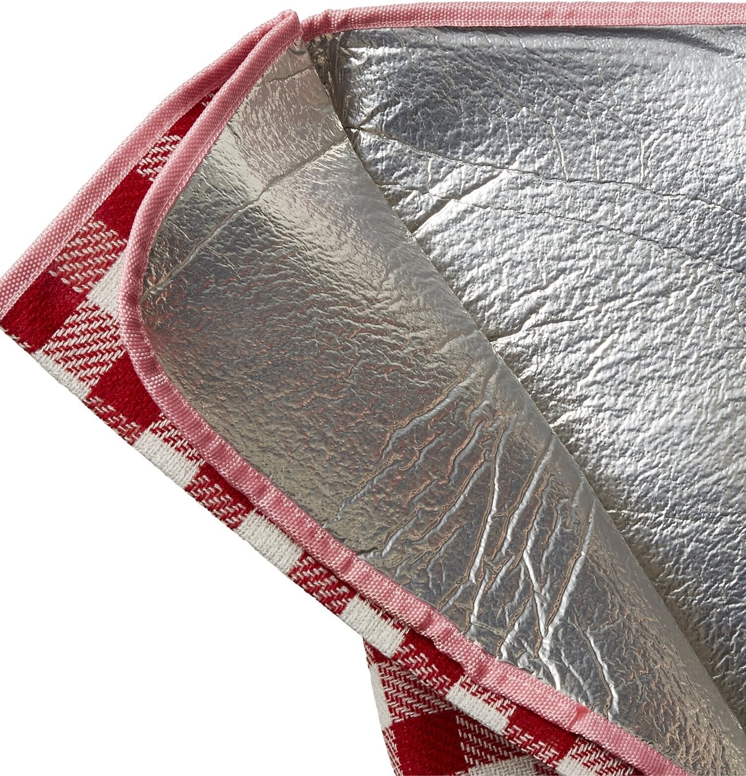 Bild av klassisk rödvit picknickfilt med silverundersida