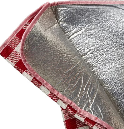 Bild av klassisk rödvit picknickfilt med silverundersida