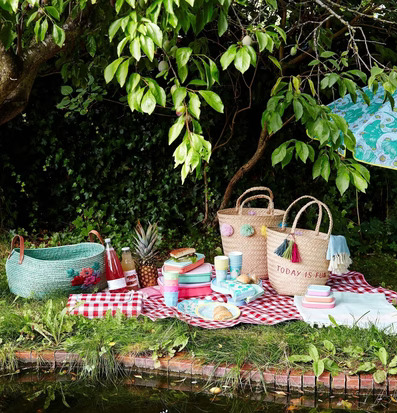 Bild av idyllisk picknickscen med färgglada detaljer