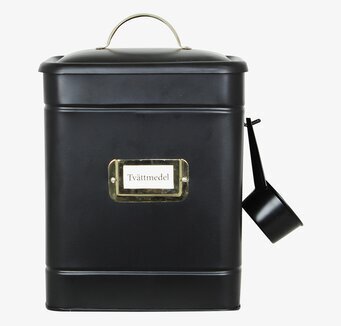 Bild på stilren plåtburk för tvättmedelsförvaring