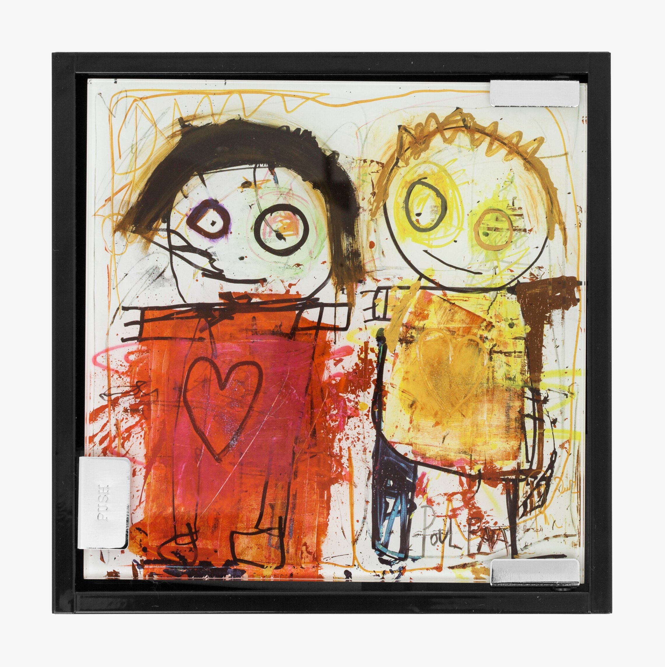 Bild av konstverk med stiliserade figurer och hjärtan