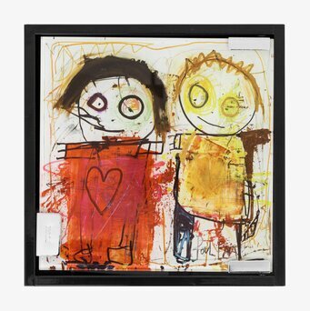 Bild av konstverk med stiliserade figurer och hjärtan